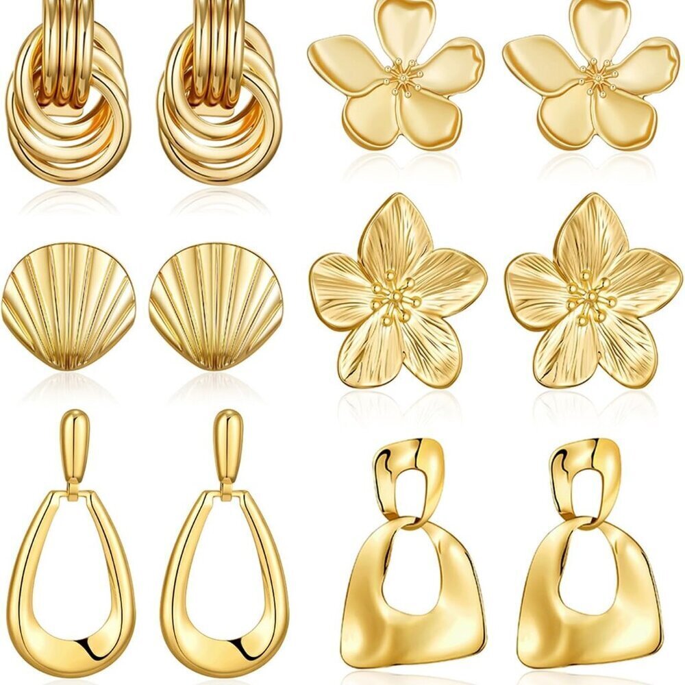 Gold Dangle Earrings Set 6 Pairs Trendy Romantic Flower Shell Knot Jewelry
